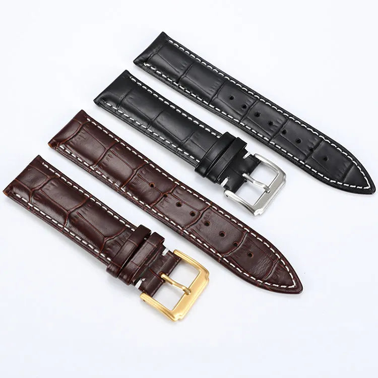 Genuine leather watch strap with bamboo knot pattern in black, 22mm width