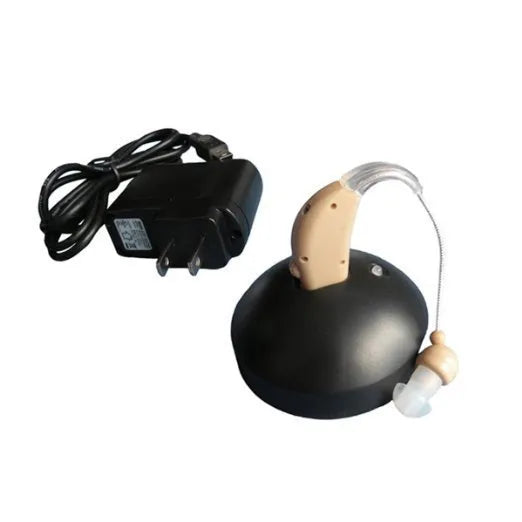Small white rechargeable BTE hearing aid amplifier with charging cable, shown with EU and US plug options.