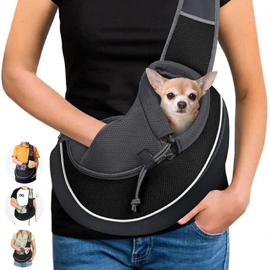 Stylish pet carrier bag with adjustable drawstring closure, breathable design, and zippered bottom for secure pet transport