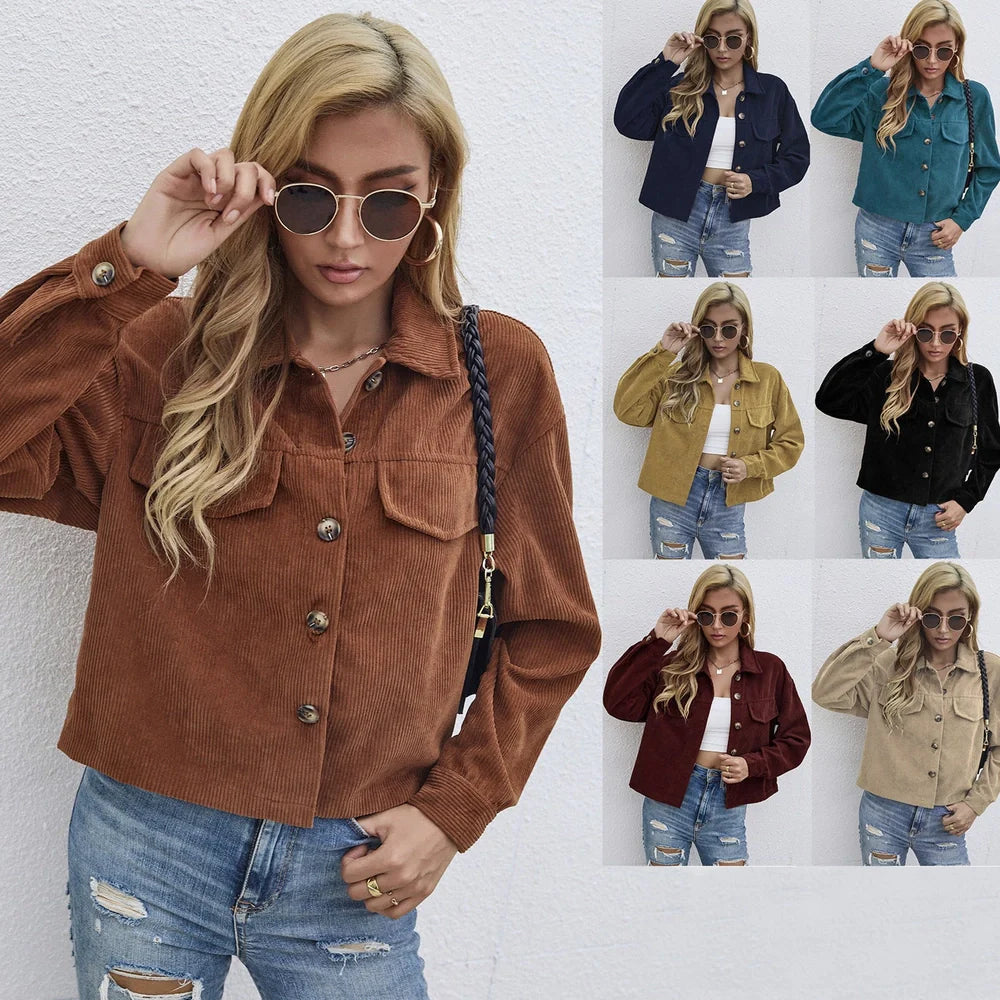 Women's brown corduroy slim coat with long sleeves and street hipster styling