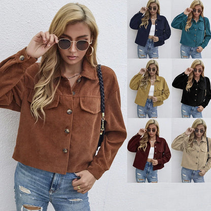 Women's brown corduroy slim coat with long sleeves and street hipster styling