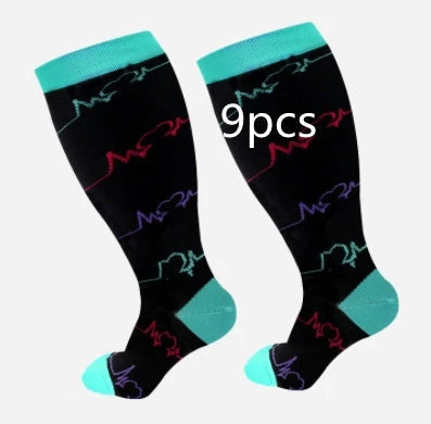 Plus-size compression socks in various stylish patterns for improved leg health and comfort