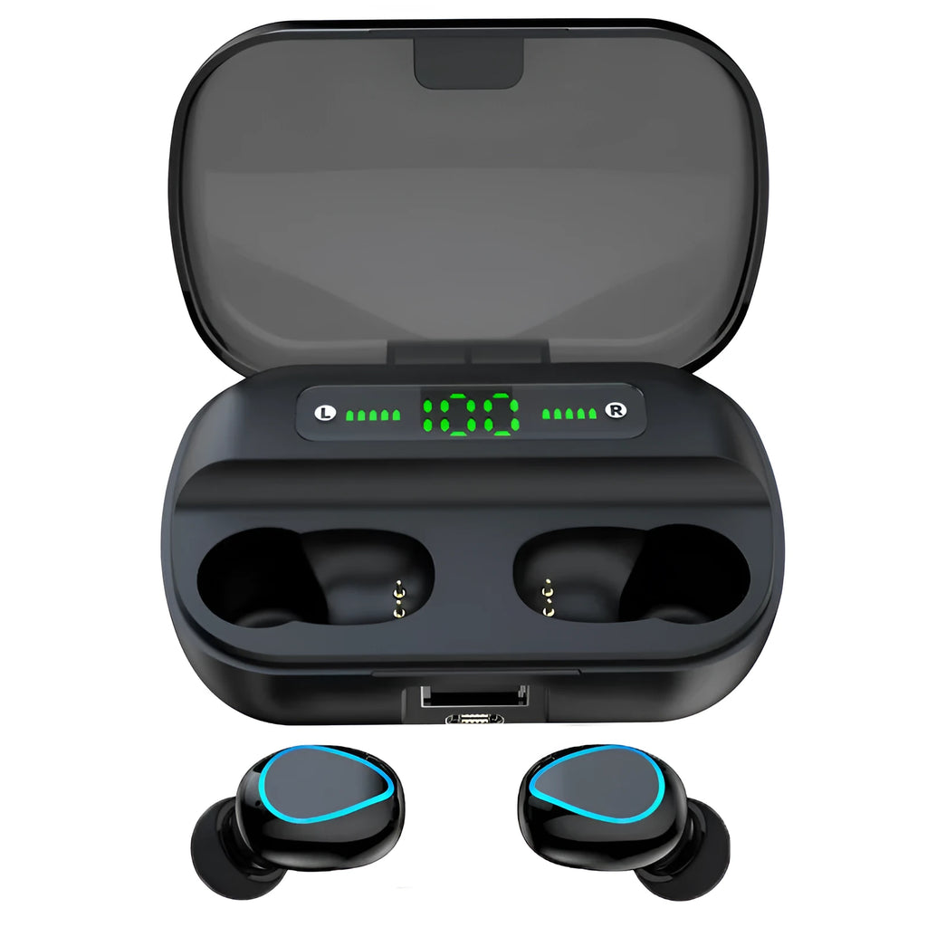Black wireless Bluetooth headset with in-ear design showing Bluetooth 5.0 and 10m range features