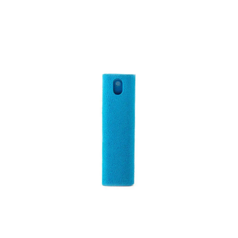 Blue LCD screen cleaner spray bottle 10ml with white cap next to a microfiber cloth