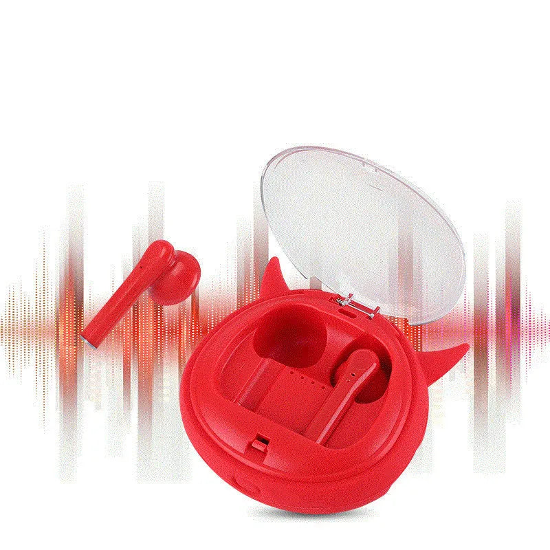 Red true wireless Bluetooth headset with in-ear design showing dimensions 72x67x31.5mm
