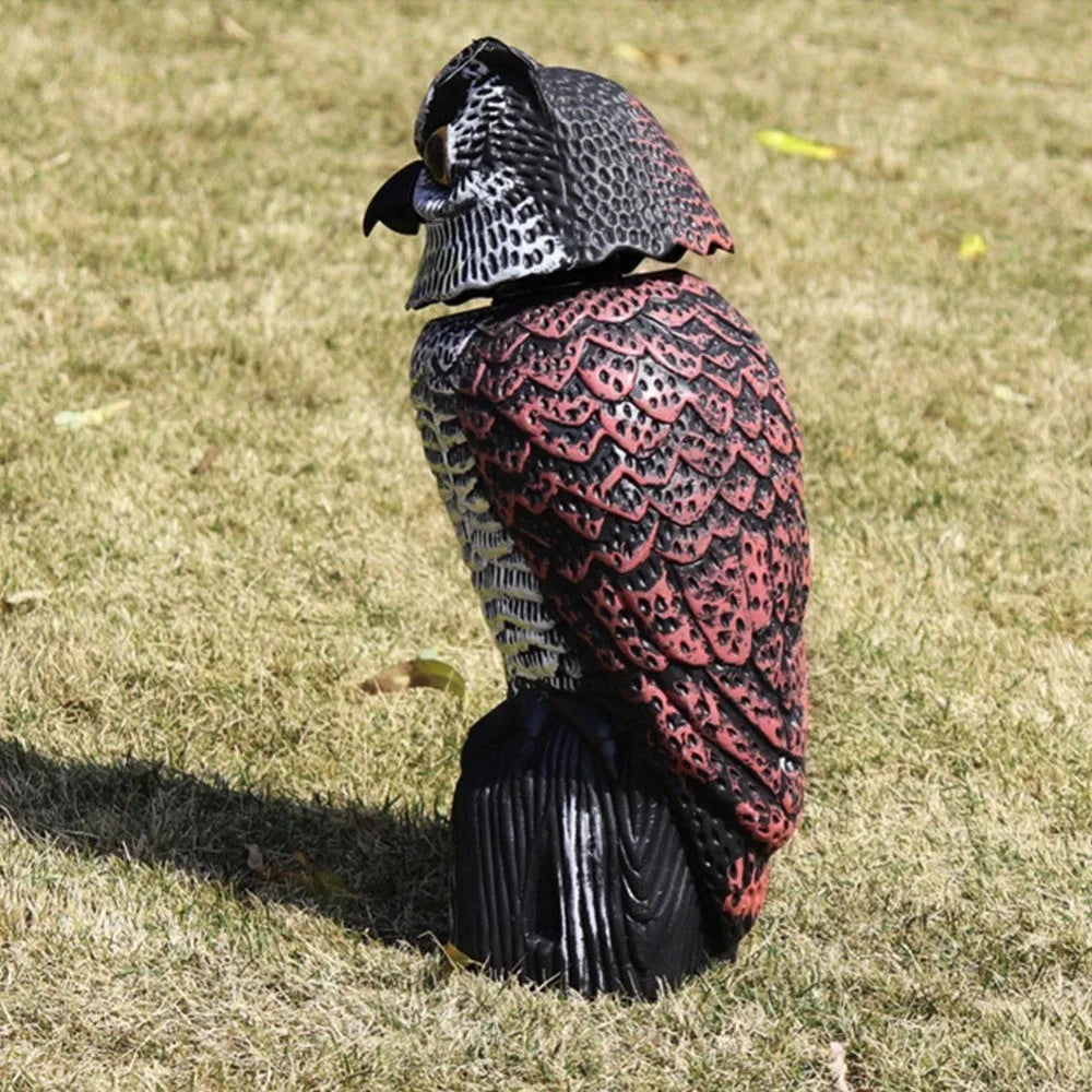 Hunting animal repeller PE owl decoy 38.5cm tall with realistic painted detail, isolated on white