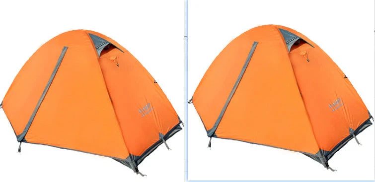 Double layer rainproof camping tent in green, orange, and blue for outdoor adventures