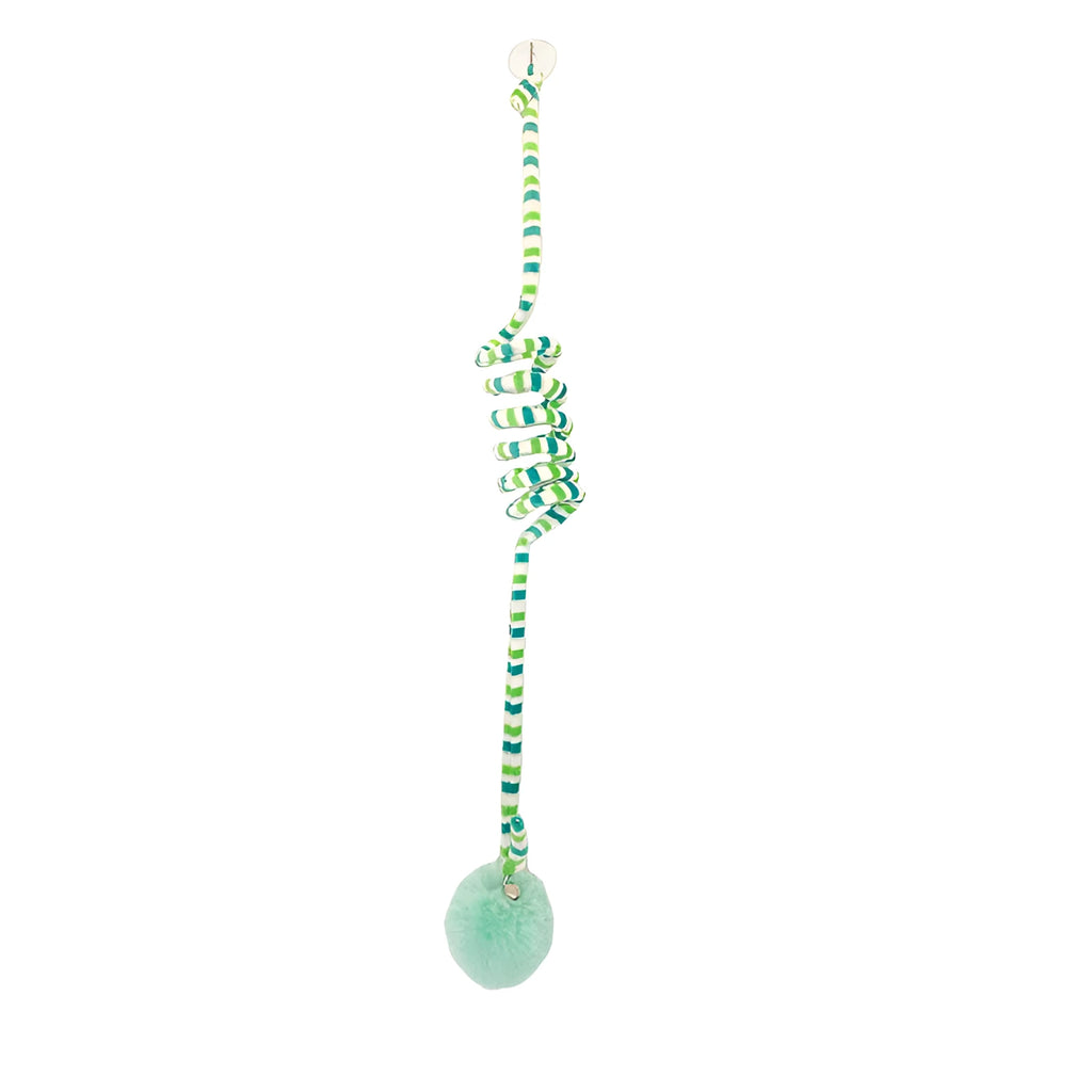 Colourful cat toy with inflatable ball and bell stick hanging from suction cup on door