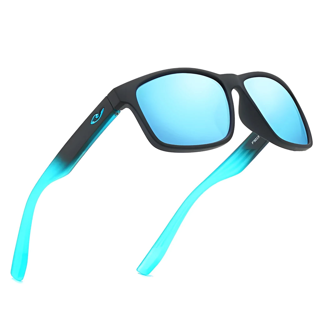 Men's sports polarized sunglasses with black frame, black blue lenses, and UV400 protection