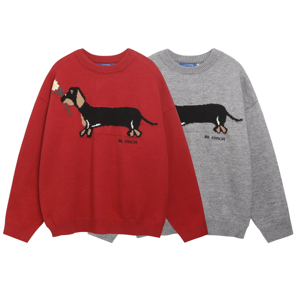 American retro sausage puppy jacquard round neck sweater pullover in gray, loose fit acrylic casual top for teenagers