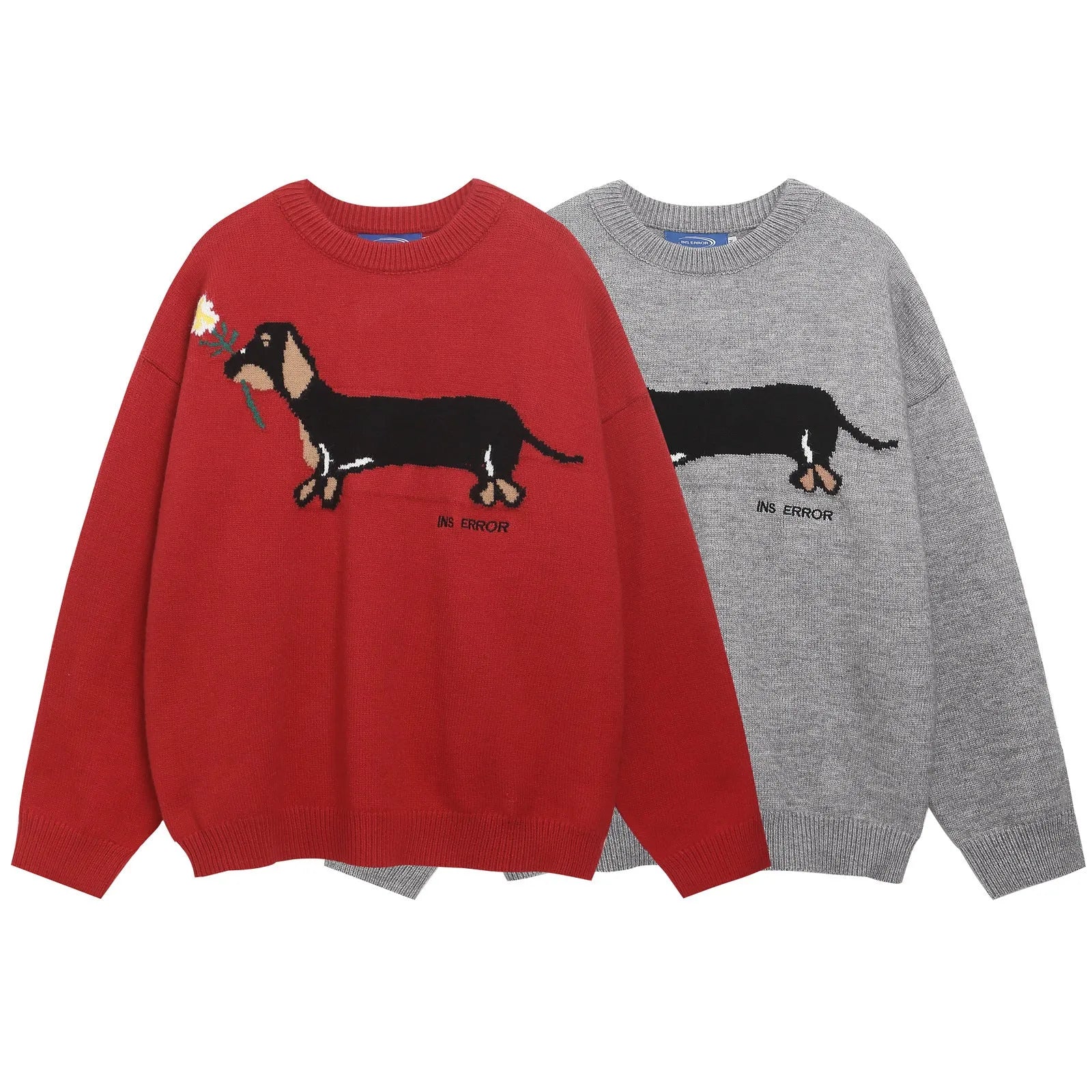 American retro sausage puppy jacquard round neck sweater pullover in gray, loose fit acrylic casual top for teenagers