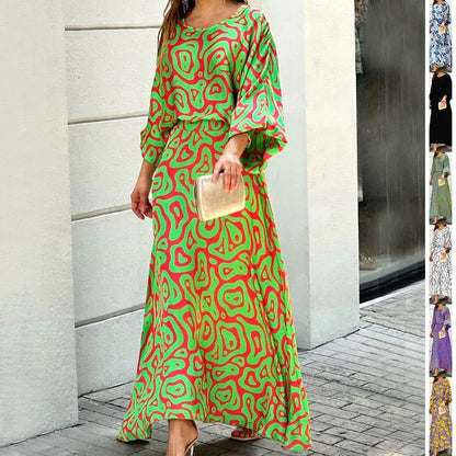 Women's loose printed long sleeve top and high waist long skirt set in various colours