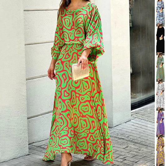 Women's loose printed long sleeve top and high waist long skirt set in various colours