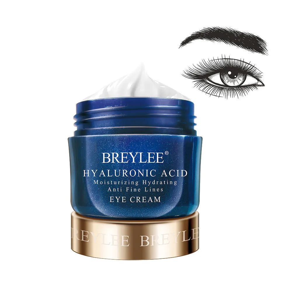 Three jars of eye cream: blue hyaluronic acid, orange VC, purple retinol, 40g each