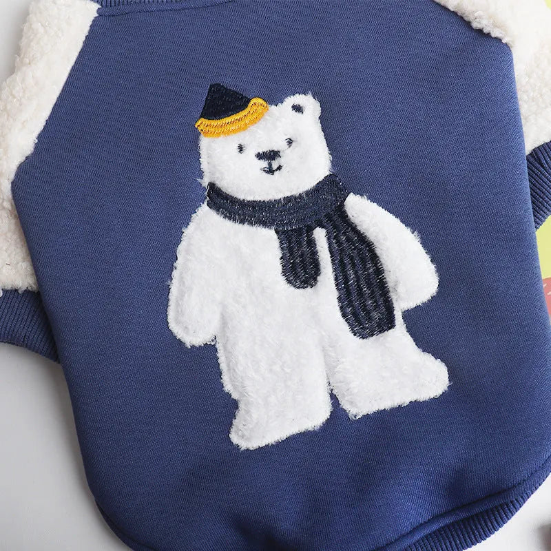 Dark blue fleece-lined cotton winter dog jacket shown in L size on mannequin