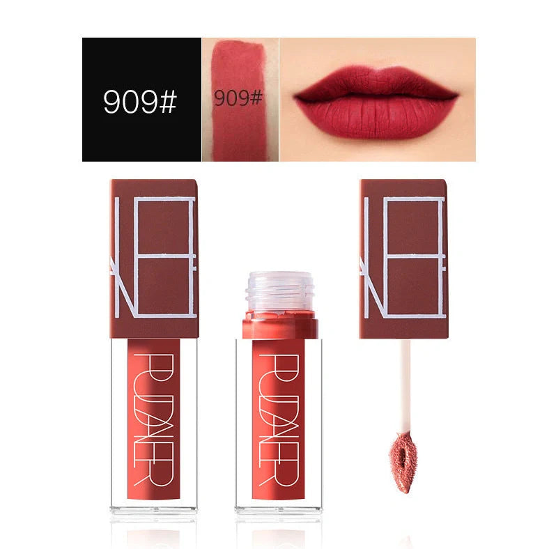 Velvet liquid lipstick with 2.1cm diameter and 8.3cm length, featuring a matte finish that lasts for hours without drying out lips, available in five nude shades for versatile everyday wear