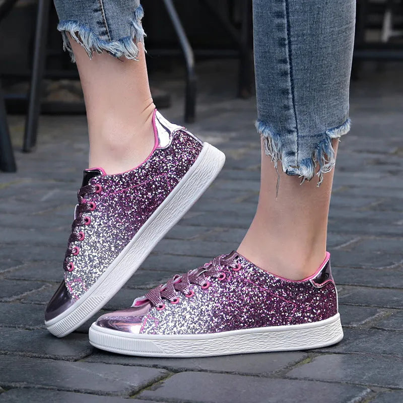 Women's black, pink, and gold sequined casual lace-up shoes with a round toe and leather lining.