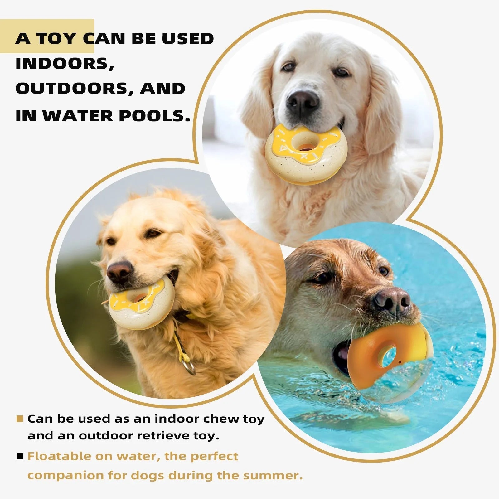 Pink, yellow, and chocolate coloured donut-shaped dog chew toy with textured surface for dental cleaning.