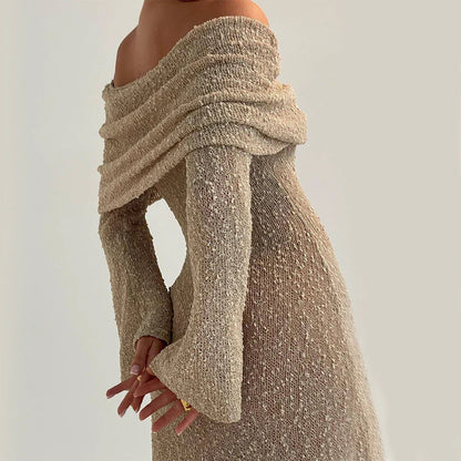 One-shoulder knitted maxi dress in various colors, including apricot, white, and black, with a flowing, high-waist design.