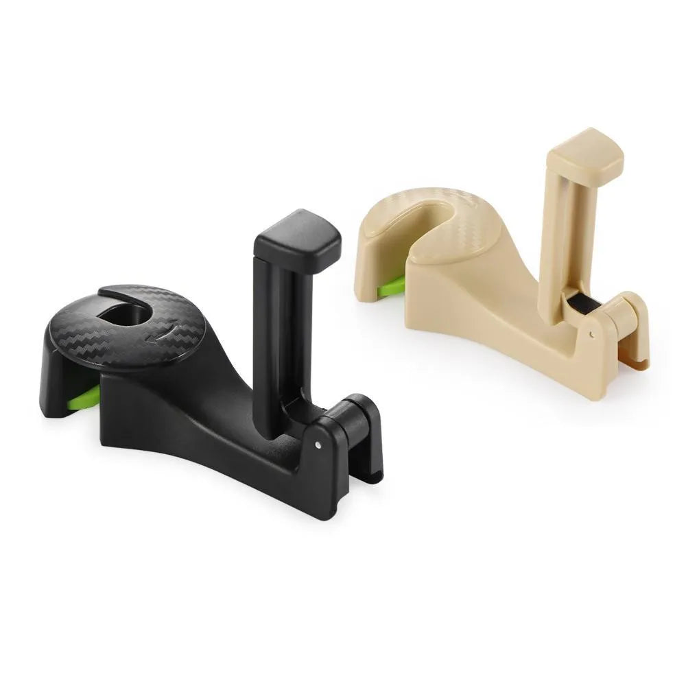 Car headrest hook with built-in folding phone holder, black, holding a phone and bag against seat back