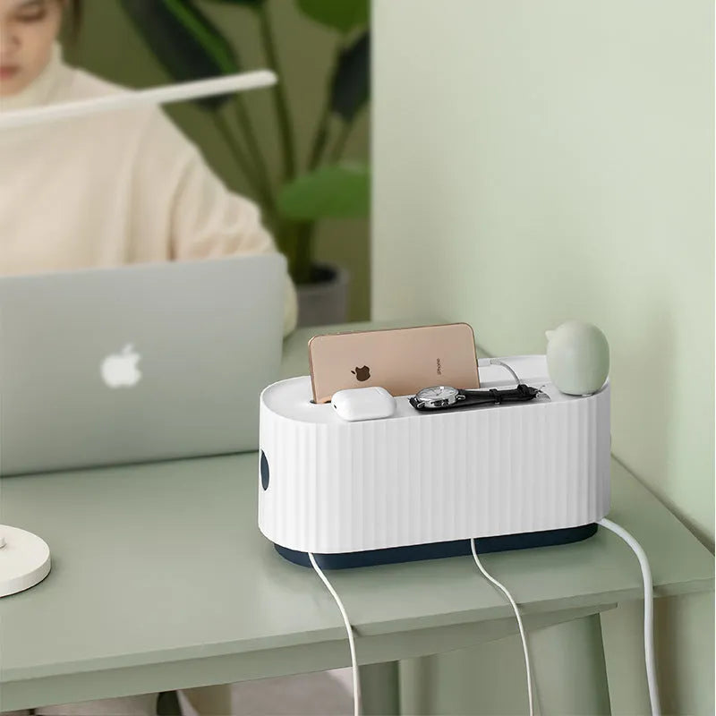 Blue and white HIPS power strip storage box with dustproof cover showing cable routing holes