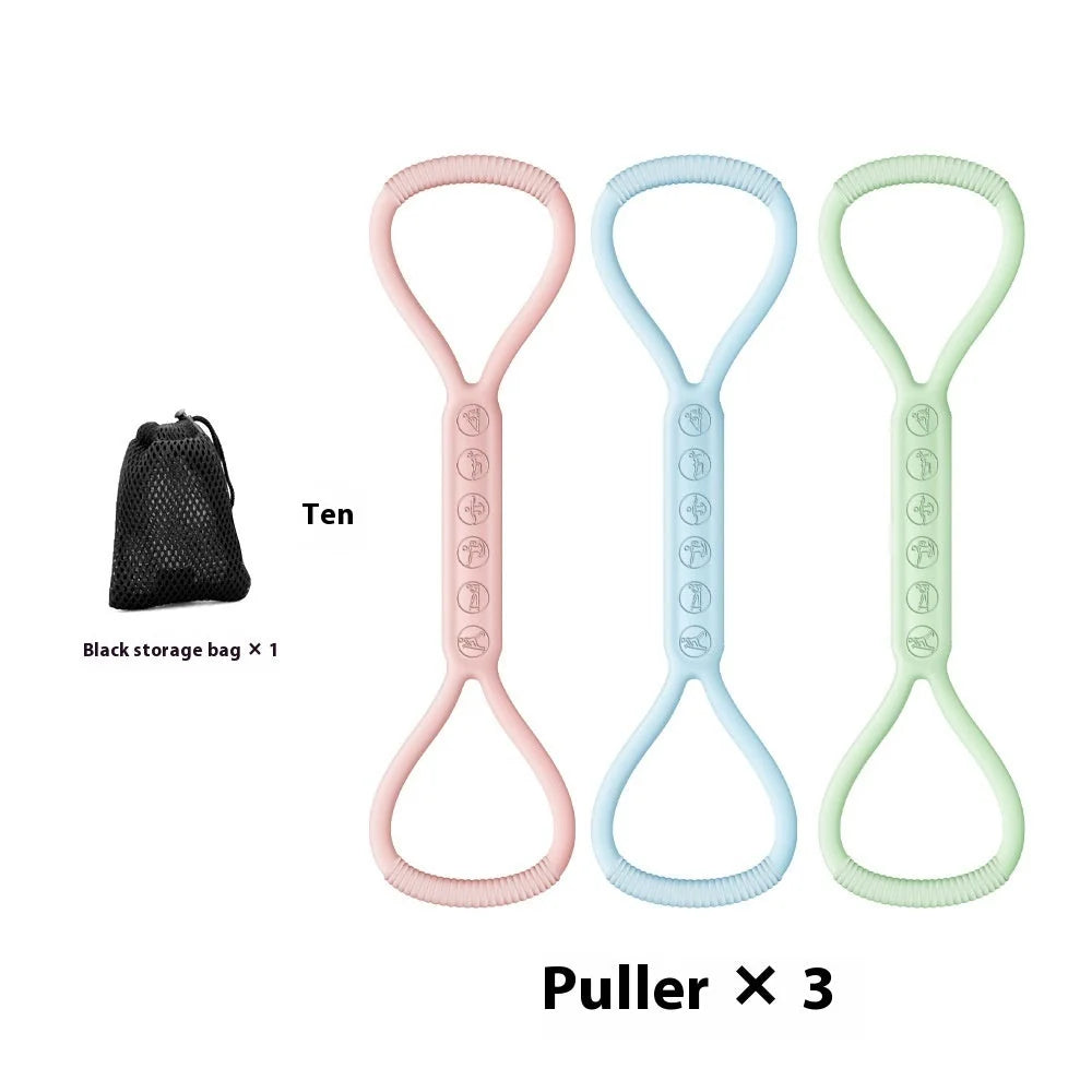 Women's silicone resistance bands in pink, blue, green, and multicolor for strength training