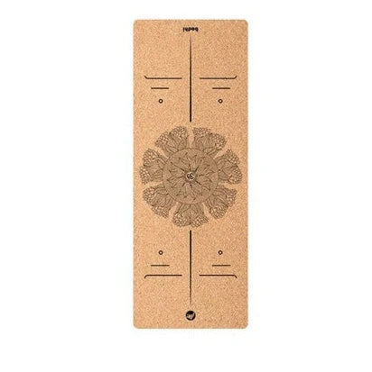 Cork yoga mat showing asana guide lines pattern with 183cm length and natural texture surface