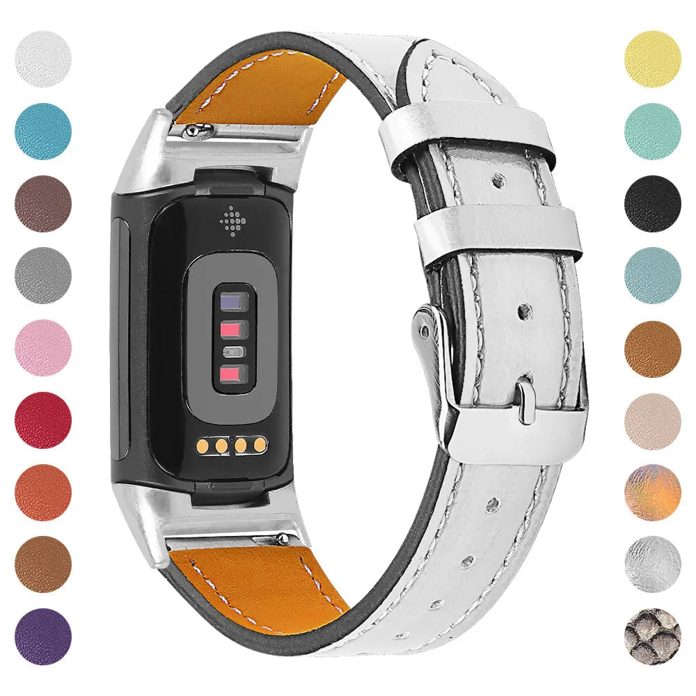 Genuine cowhide leather replacement strap for Fitbit Charge 5 and Charge 6 smartwatches in multiple colour options.
