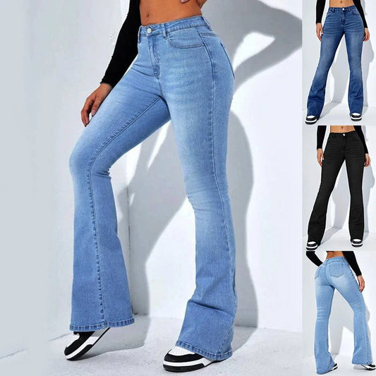 Women's slim-fit flared jeans in high waist stretch cotton, available in blue, light blue, and black.