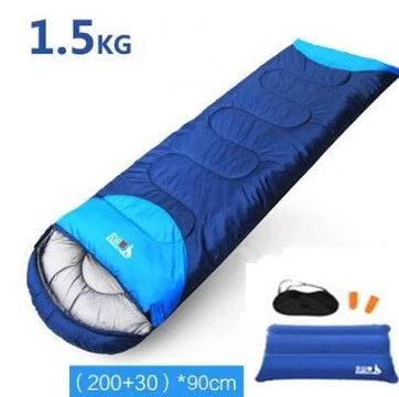 Blue camping sleeping bag with removable inner liner, compression straps, and waterproof 190T polyester shell