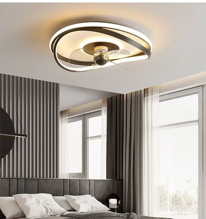 Modern black ceiling fan lamp with integrated lighting and remote control for bedroom or dining room