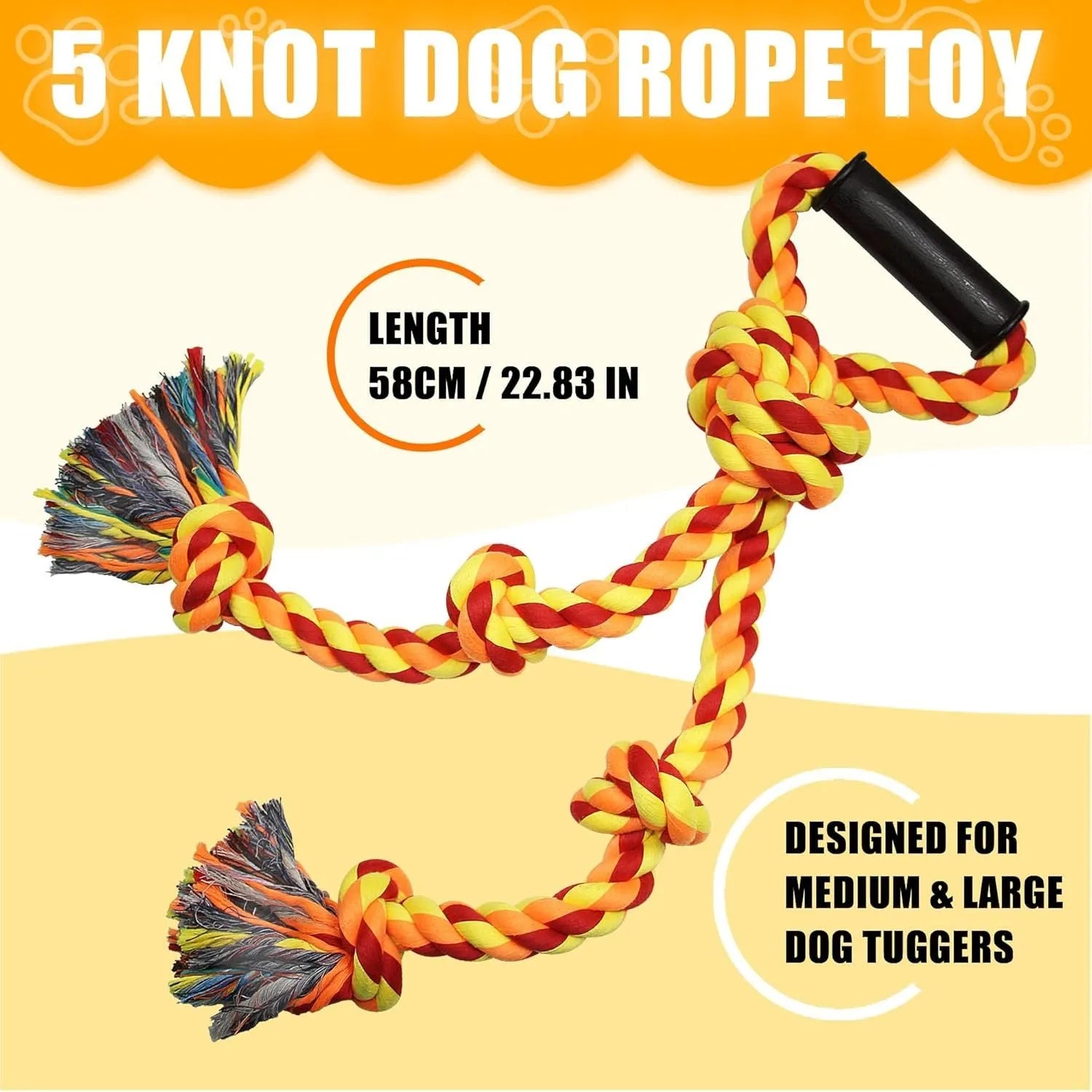 Blue and yellow heavy-duty cotton dog rope toy with a sturdy handle for tug-of-war with large breeds.