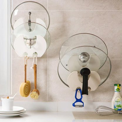 Wall-mounted kitchen organiser with double-layer storage and hooks in beige, gray, white, and pink options