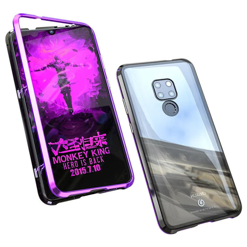 Black magnetic aluminium phone case with clear tempered glass back for Huawei P30 Pro