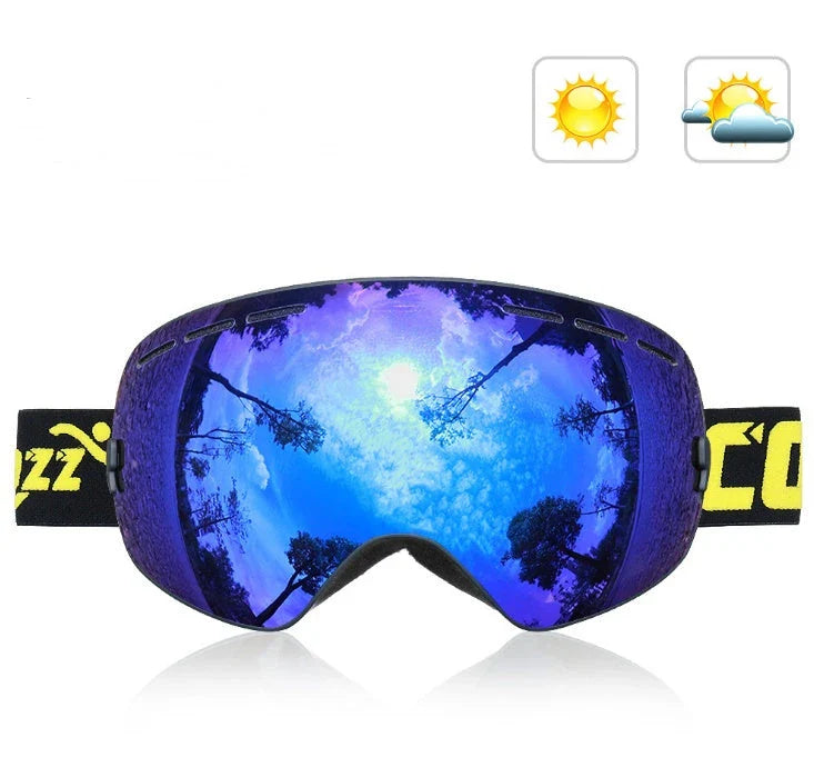 Premium ski goggles with wide spherical lens, anti-fog coating, and adjustable strap for winter sports activities