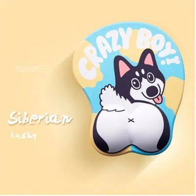 Blue 3D corgi design ergonomic mouse pad with raised wrist cushion on a desk