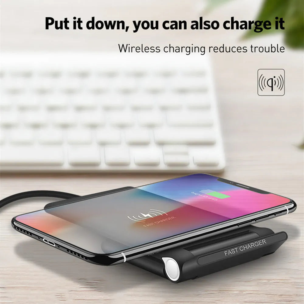 Black folding wireless charger stand with ABS material showing 15W Qi fast charging for phone and earbuds