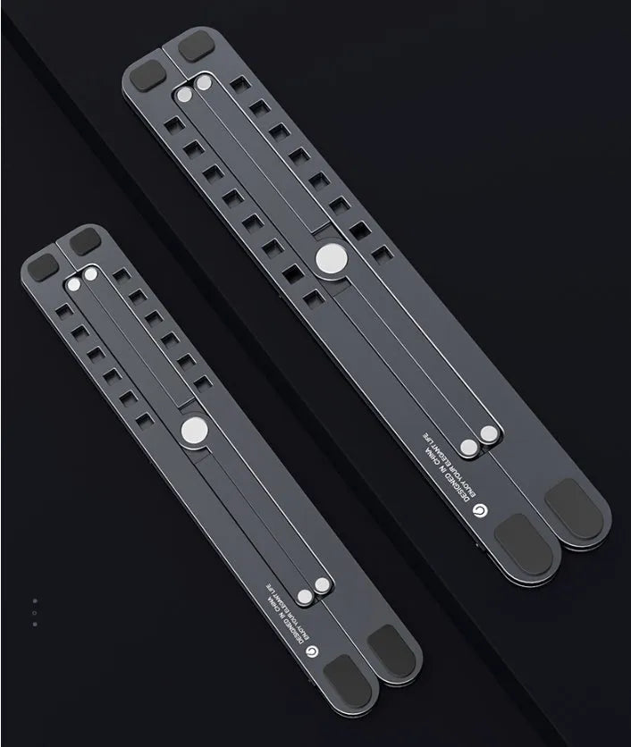Foldable aluminium laptop stand in silver colour supporting a laptop, shown in open and closed positions.