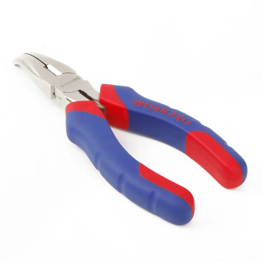 Curved nose pliers with blue double-colour rubber-sleeved handles for precision electronic work