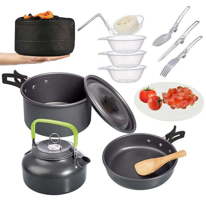 Green folding aluminium alloy camping pot set for 2-3 people showing compact storage size