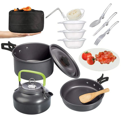 Green folding aluminium alloy camping pot set for 2-3 people showing compact storage size