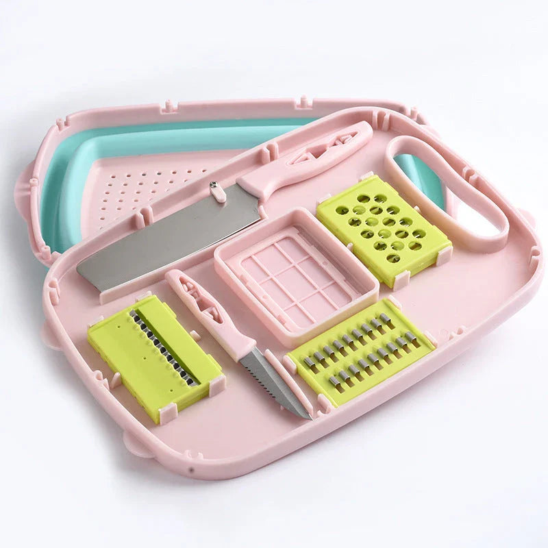 Versatile eco-friendly chopping board with anti-overflow groove, knife, fruit slicer, and drainage basket for efficient food preparation in the Kiwi kitchen