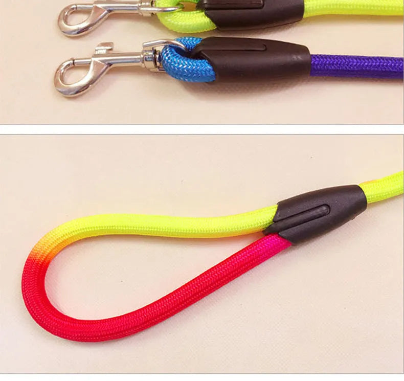 Colourful nylon round hand holding dog rope leash for walking and training, with three size options