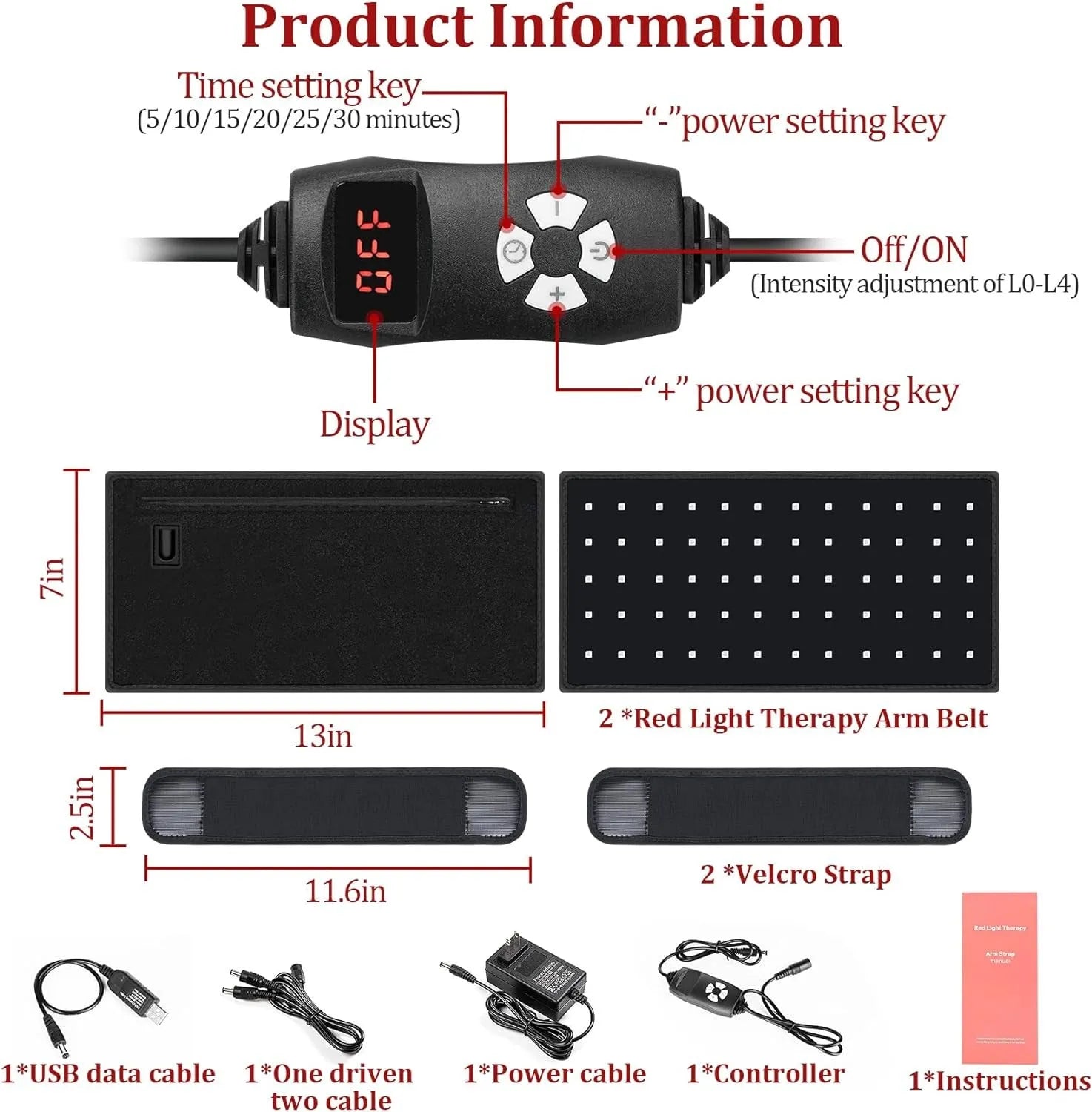 Arm massage belt with red light infrared therapy pad on arm, 32×17cm black diving fabric, controller and straps visible