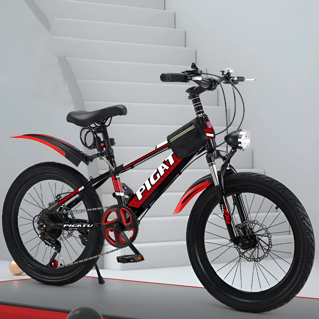 Red 22-inch children's shock absorption mountain bike with variable speed gears and anti-skid tyres