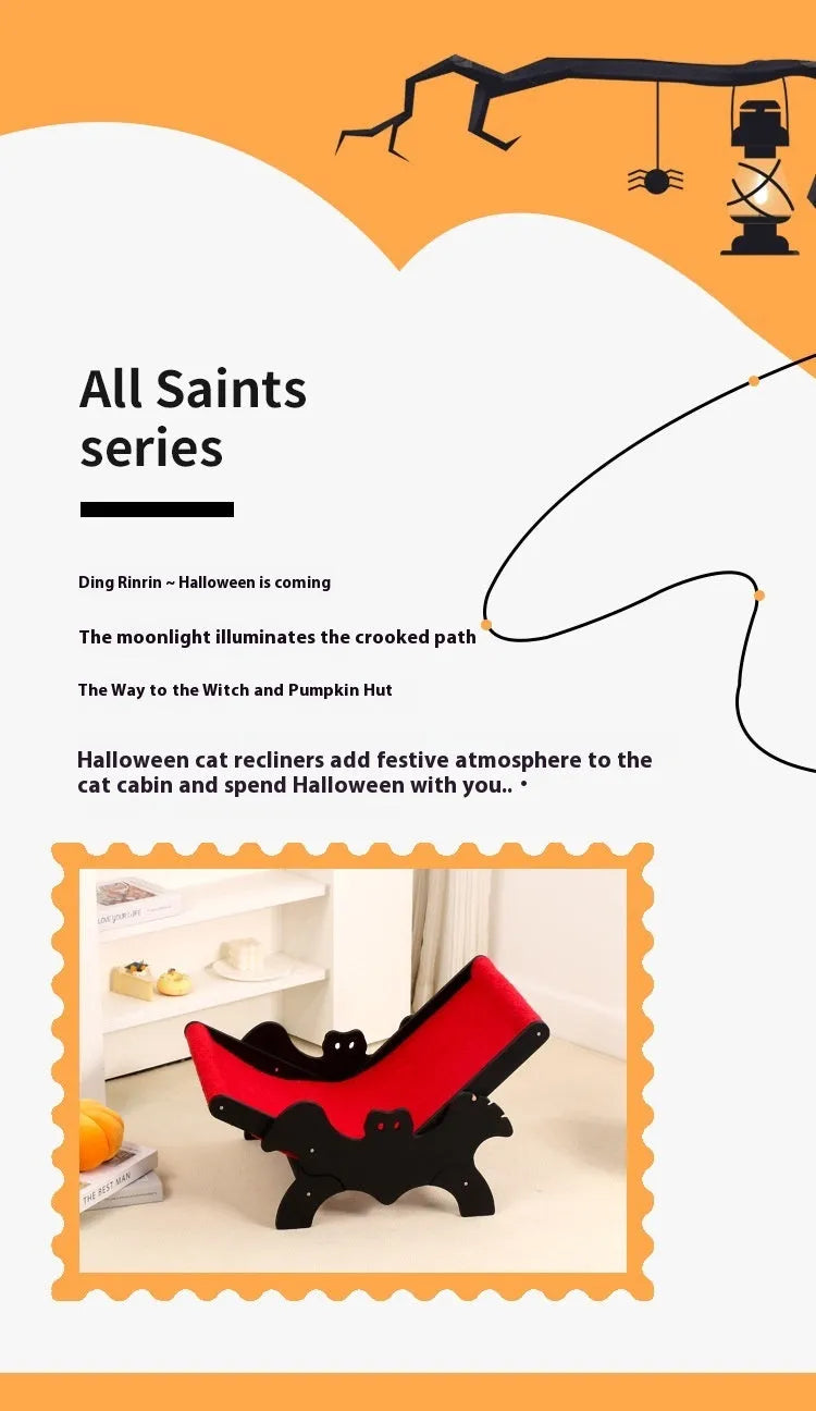 Wooden cat recliner bed with black and red Halloween colour theme