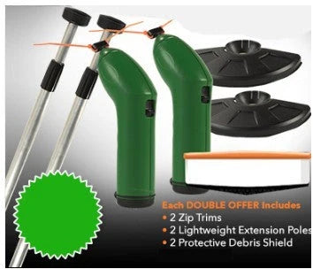 Cordless lawn trimmer with extension pole and protective debris shield for easy garden maintenance