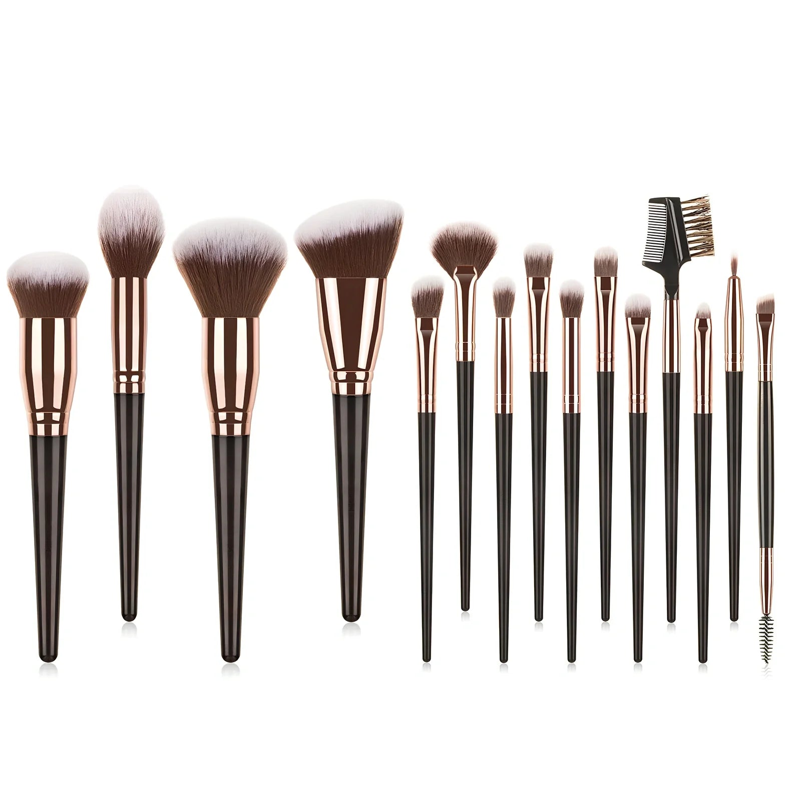 15-piece brown makeup brush set with 19cm lengths and 4cm man-made fibre eye shadow brush