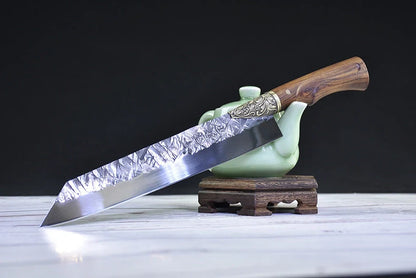 Hand-forged slicing knife with rosewood handle and leather case