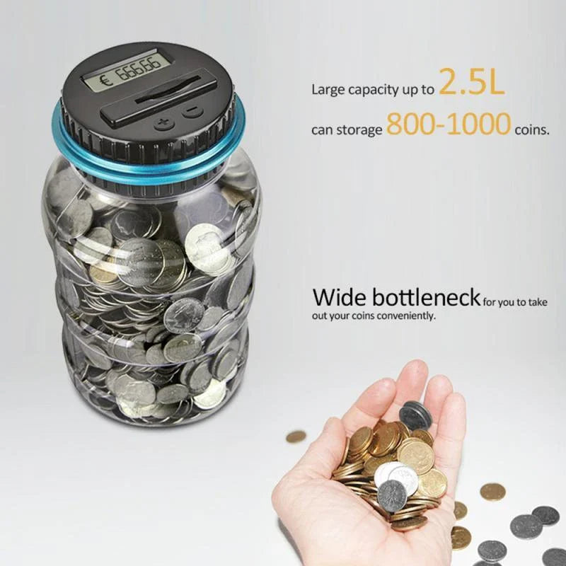 Automatic digital coin counter with LCD display, large capacity, and durable ABS construction for effortless savings